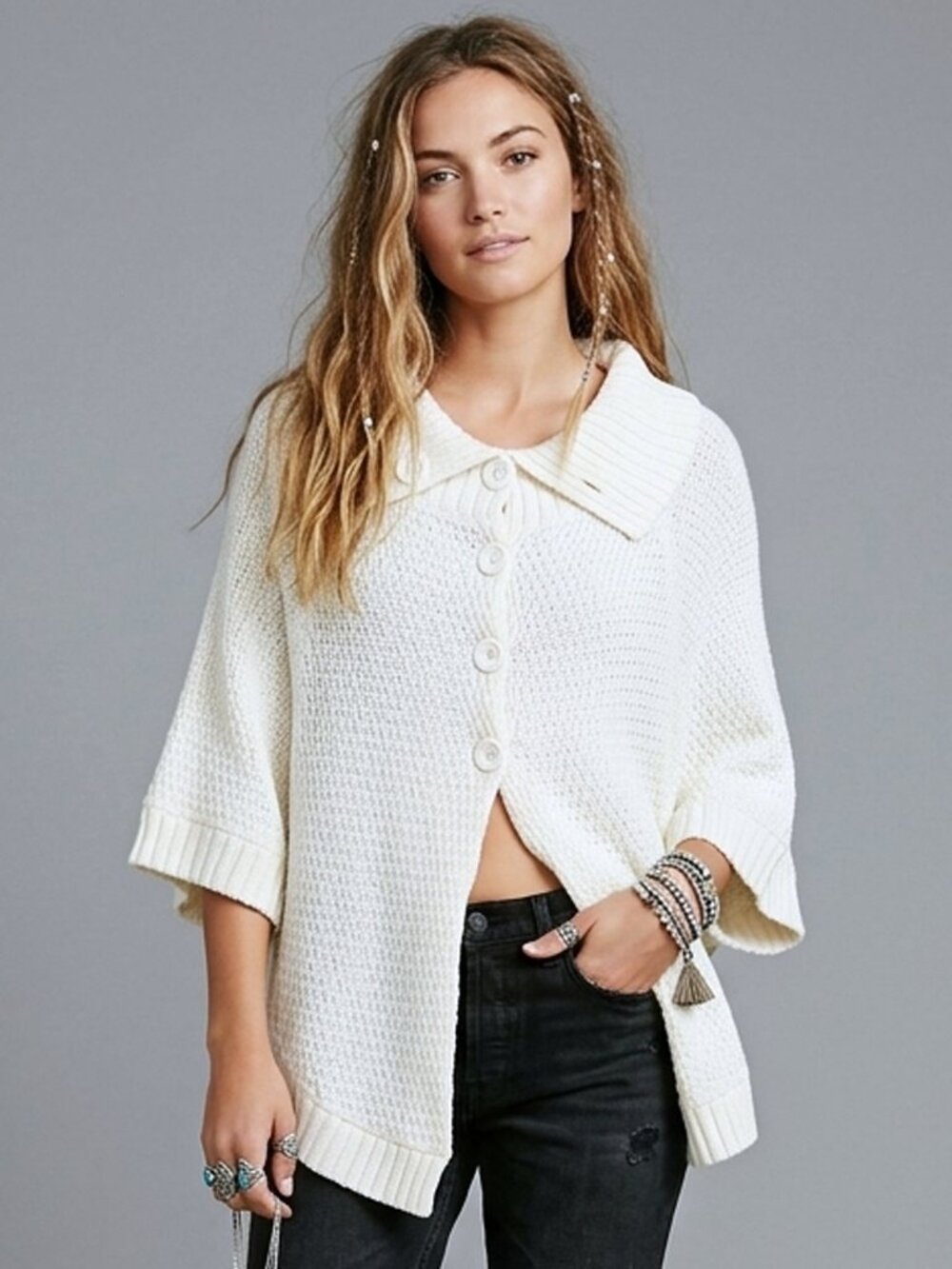 OS Vintage 70s Ivory Soft Knit Simple Button Front Loose Fit Sweater Shawl Top
